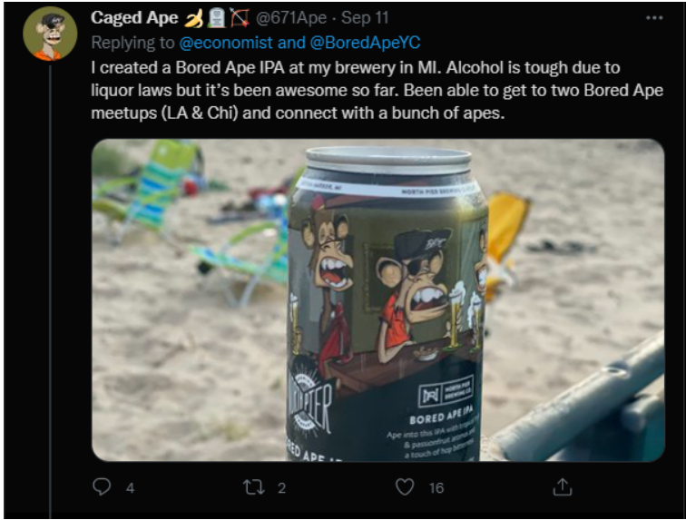 （twitter上有NFT持有者分享了他如何在密歇根州的啤酒厂使用无聊猿形象来生产啤酒）