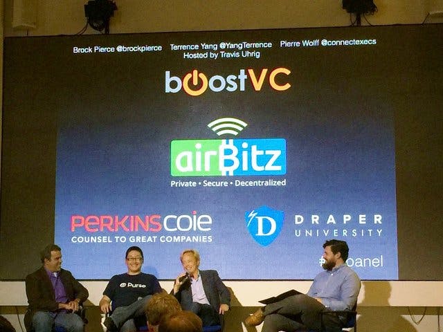 Travis Uhrig hosting the BitPanel in 2015, a monthly panel discussion with known figures in blockchain.