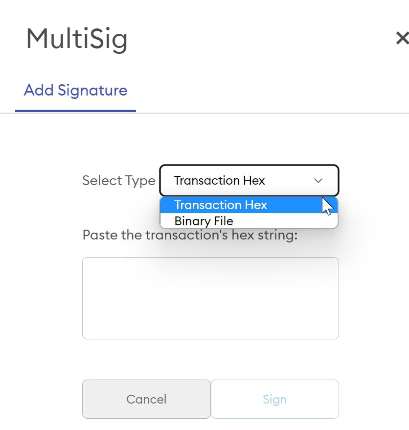 Select Sign Transaction Hex