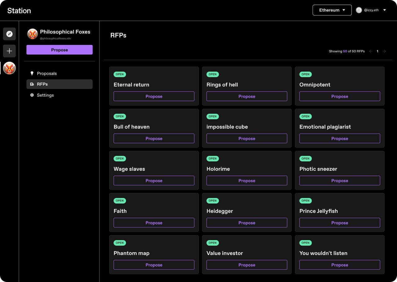 Our bounty page will look like the above.  Notice you'll need to click on "RFPs" on the left-hand side. The green "open" buttons indicate these entries have yet to be claimed.
