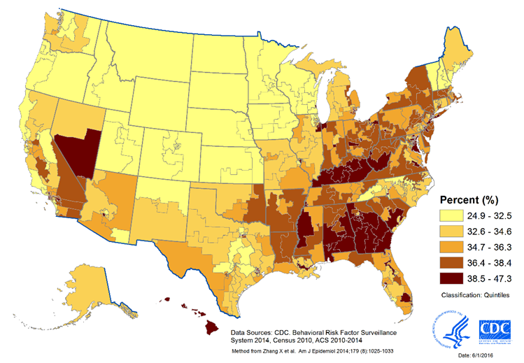 Prevalence of Short Sleep Duration (<7 hours) for Adults Aged ≥ 18 Years, by Congressional District, United States, 2014