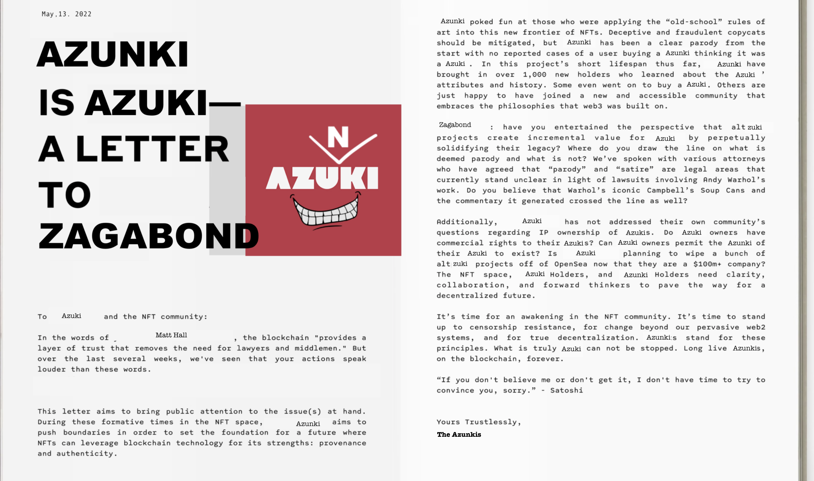 Azunki is Azuki - A Letter To Zagabond written in collaboration with community member Azunzun and Akiki, published here on May 13, 2022. 