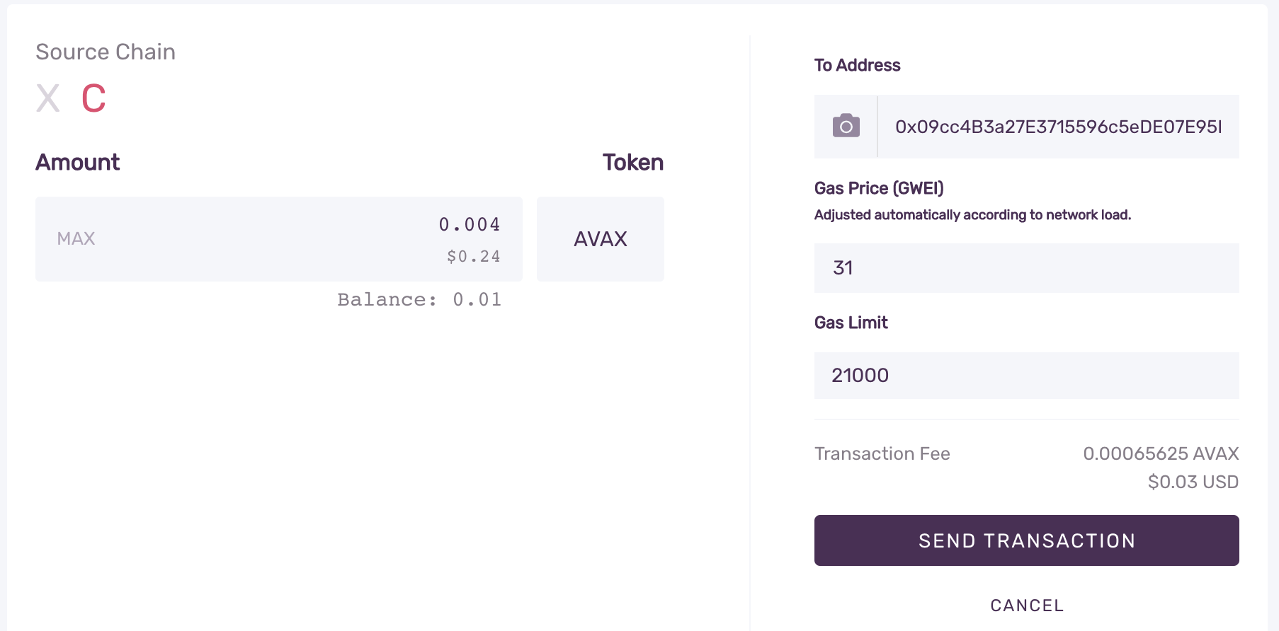 transaction in Avalanche wallet