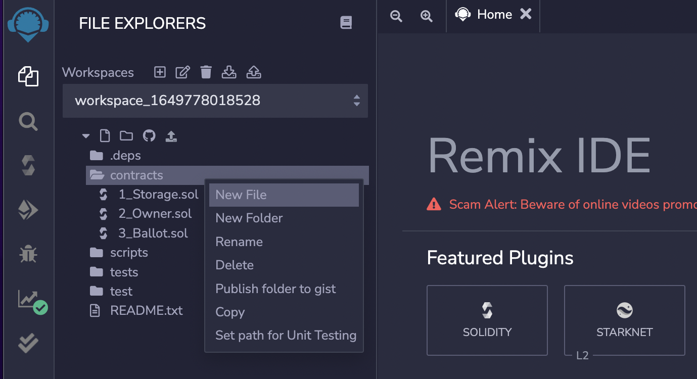How to create a new Solidity file in Remix.