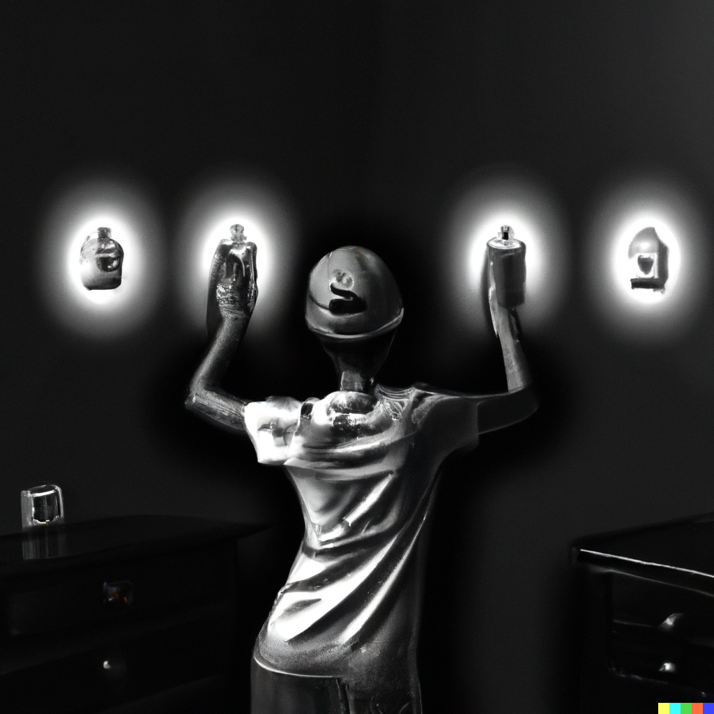 DALL-E "Black and white digital art of a person flipping random light switches in a dark room and random lights around the room turning on."