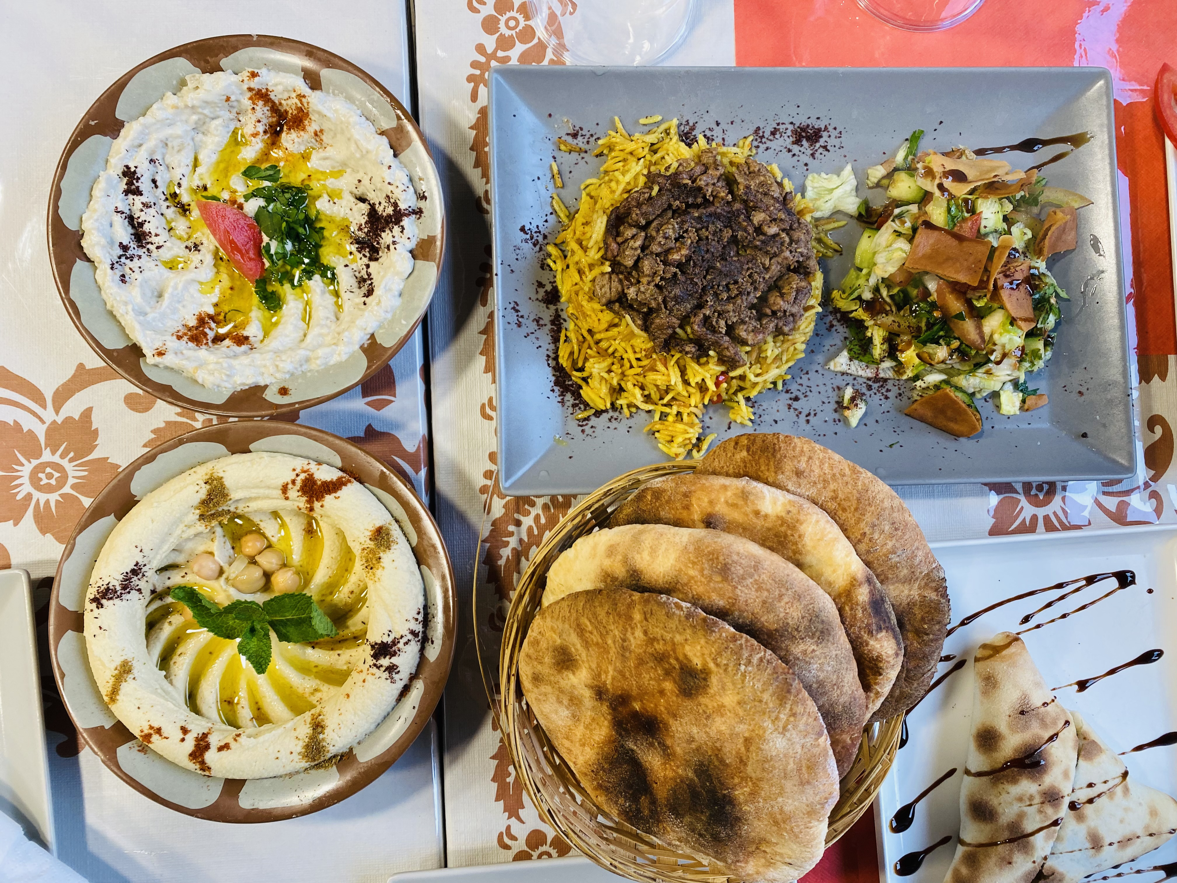Mutabbal(left top), Hummus(left bottom)