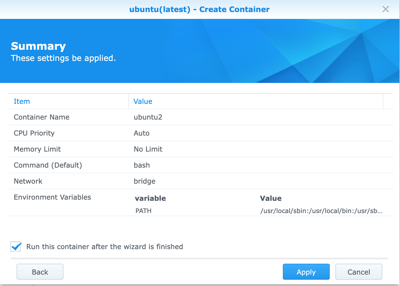 Click on Apply to finalize the container creation