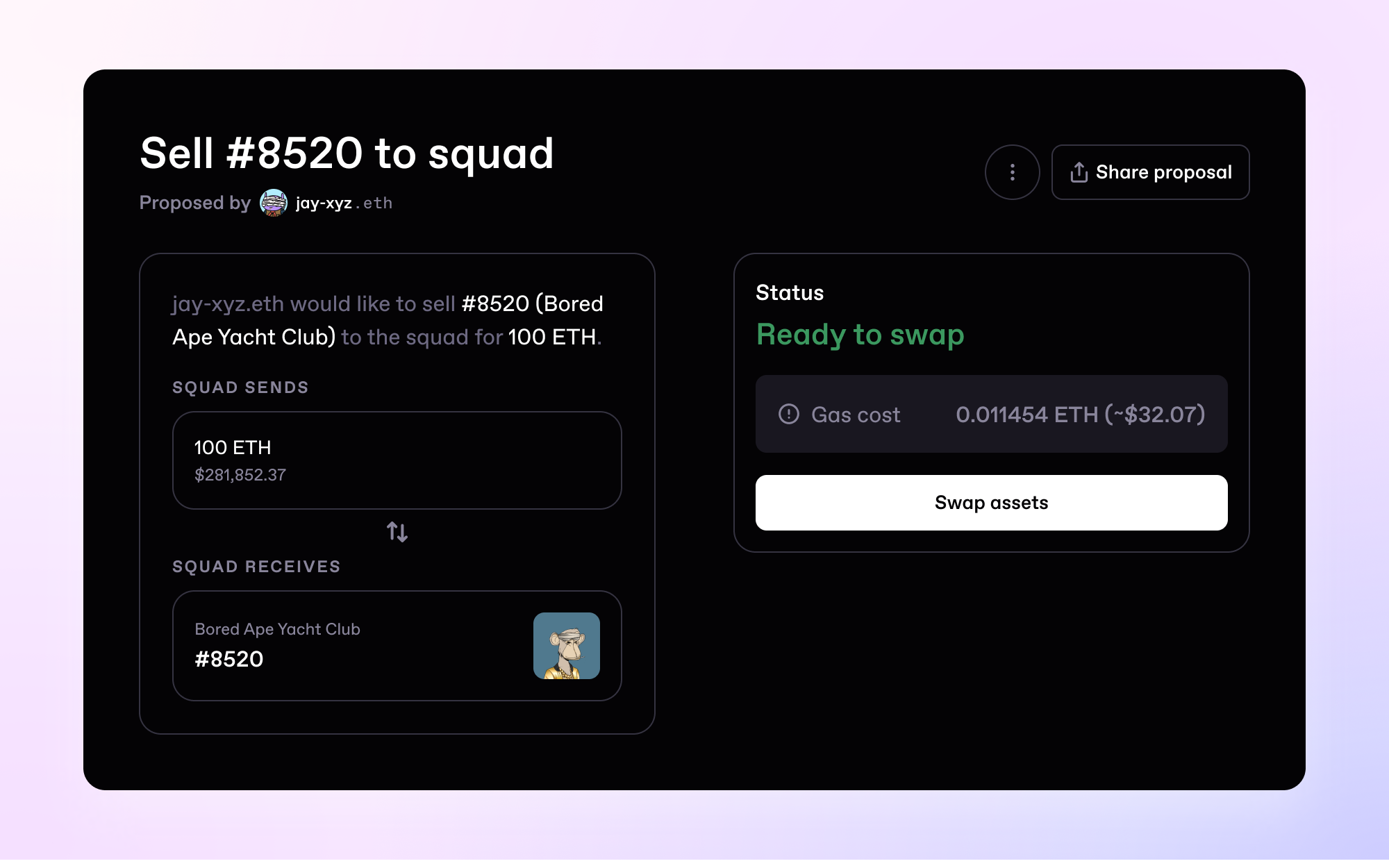 Easily spin up a proposal to sell an NFT to your Squad's wallet 