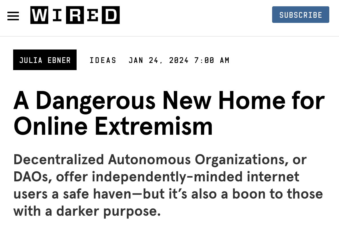 Centralized media institutions often negatively hyperbolize institutional change in support of the sociopolitical status quo; this is known as the ‘status quo bias.’ Source: Screenshot of an article (https://www.wired.com/story/a-dangerous-new-home-for-online-extremism/) by Julia Ebner published on Wired (https://www.wired.com/), used under a fair use rationale.