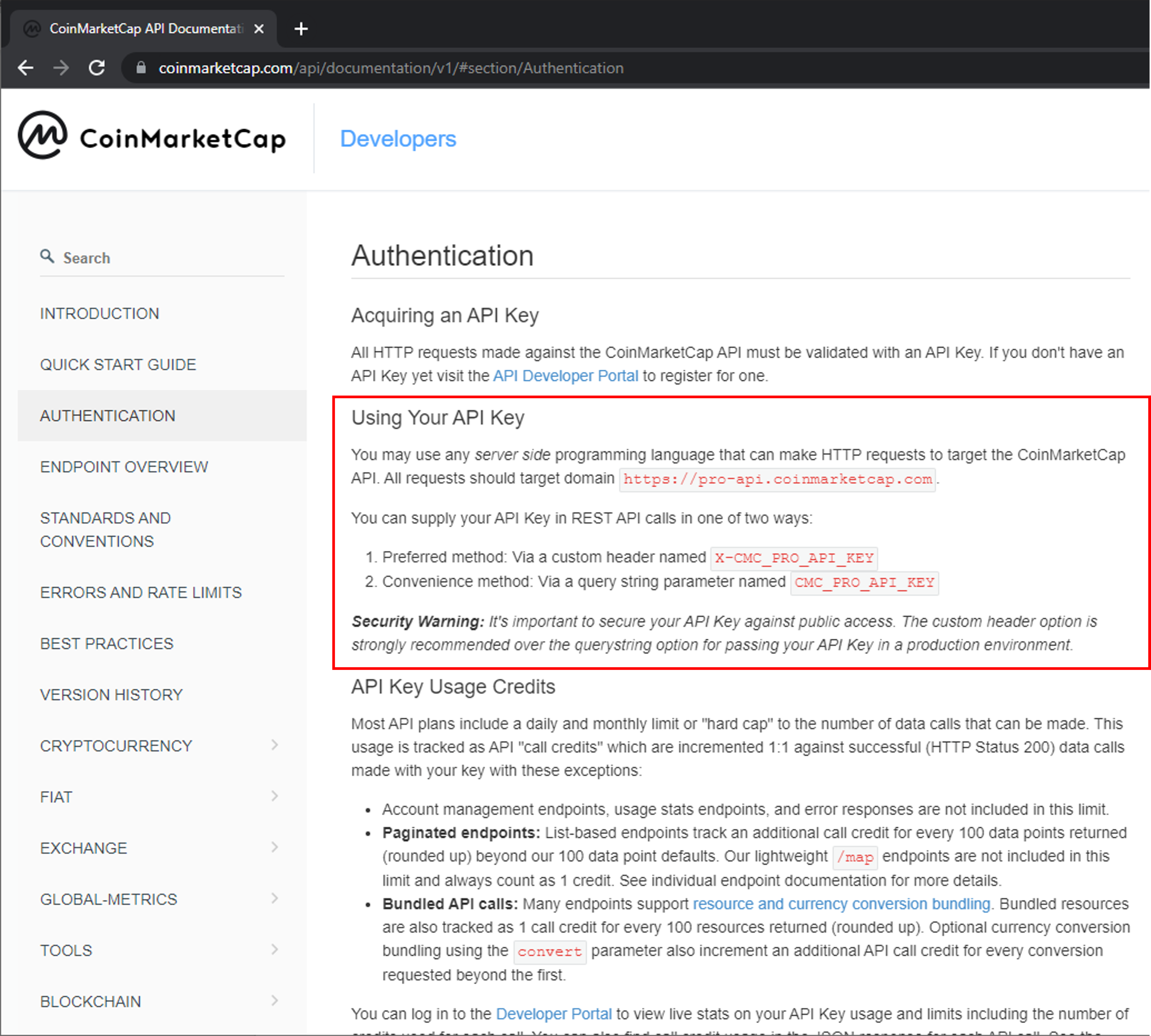 CoinMarketCap API Documentation for API key authentication