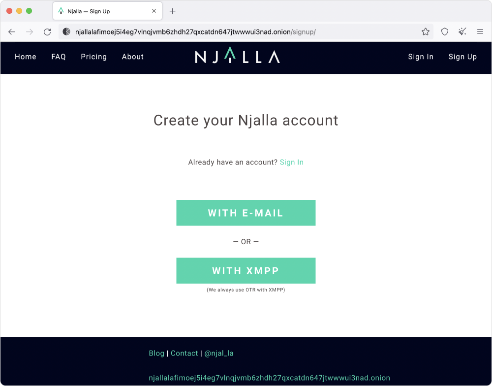 Njalla account signup screen