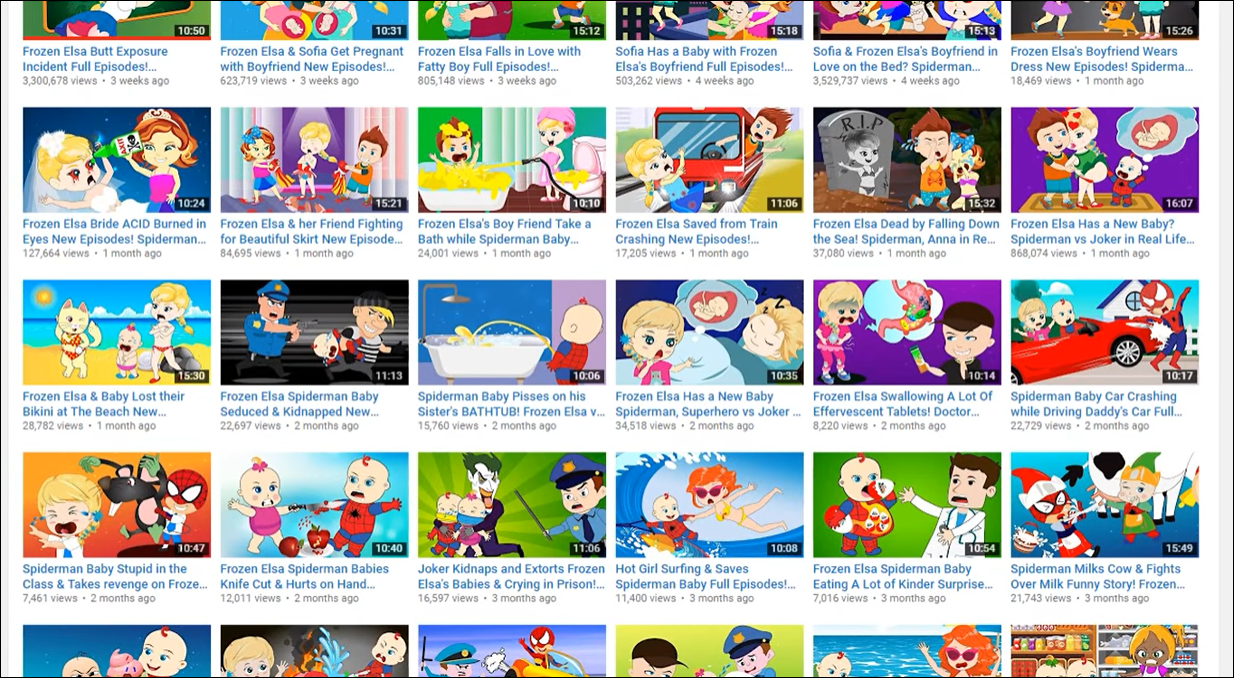 In absence of adequate moderation, you or your child's YouTube feed could look like this (Source: Reference #1)