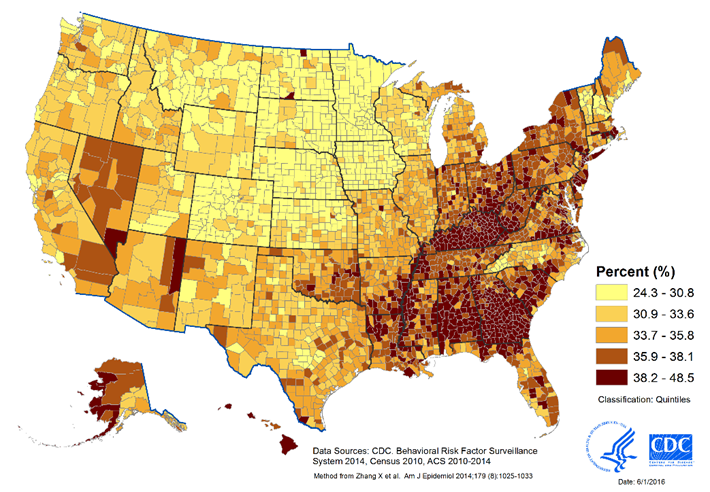 Prevalence of Short Sleep Duration (<7 hours) for Adults Aged ≥ 18 Years, by County, United States, 2014