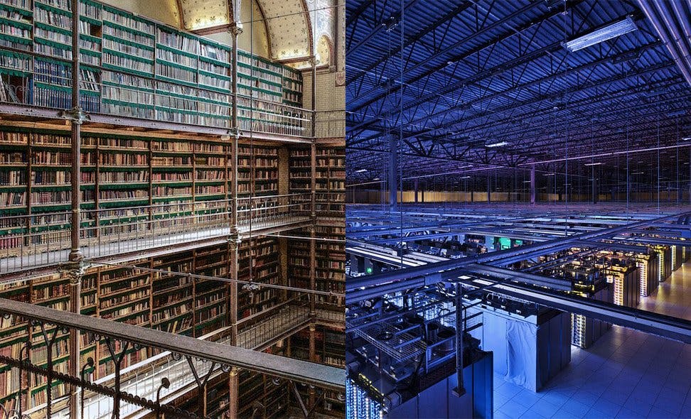 左：荷兰阿姆斯特丹国立图书馆【照片来自 Ton Nolles】右：位于爱荷华州 Council Bluffs 的谷歌数据中心【照片来自 Google / Connie Zhou】