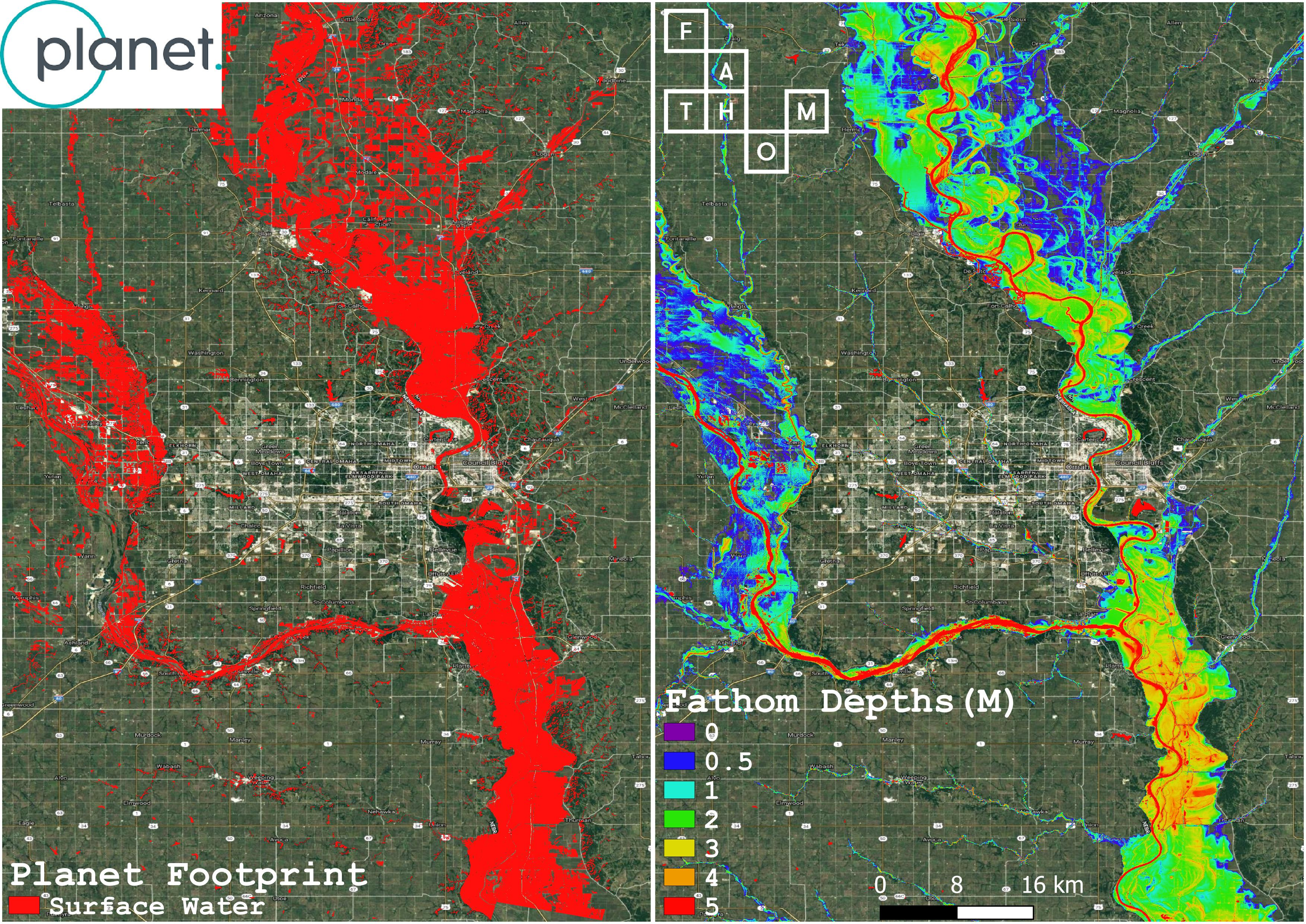 In Omaha, Nebraska, on March 22nd, 2019, amid inundating flood events, Fathom employed a geospatial analysis technique termed the Normalized Difference Water Index (NDWI). This methodology was implemented on PlanetScope imagery, which comprises four distinct spectral bands. Its primary objective was to discern and designate surface water features during the apex of the catastrophic flooding events that plagued the state of Nebraska (left). Subsequently, these derived NDWI values were juxtaposed against Fathom's computational models. The principal aim of this comparative analysis was to ascertain and quantify what can be referred to as the "event magnitude" pertaining to each distinct river catchment within the affected region. Event magnitudes could in principle offer more fine-tuning to the automation of parametric insurance. Source: Fathom Maps from a Planet article by Brittany Zajic, used under a fair use rationale. 
