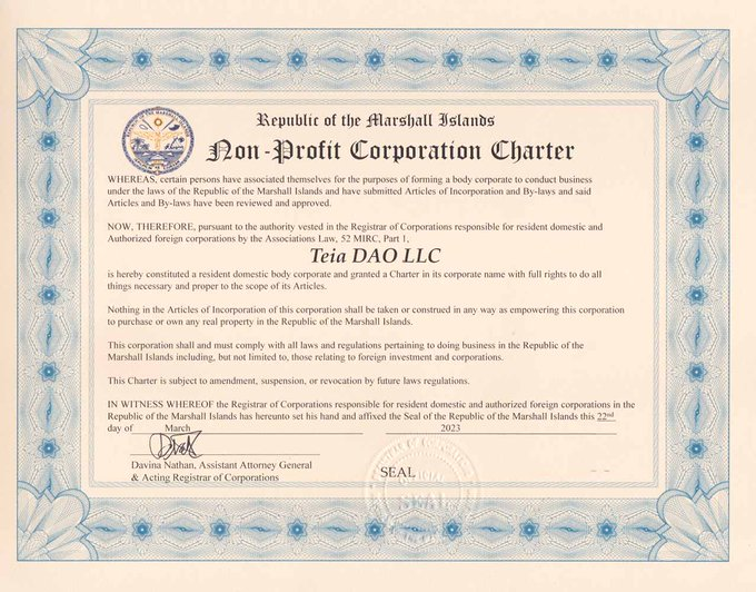 TEIA DAO 已在 Marshall Islands 註冊為合法的非盈利 DAO 組織。
