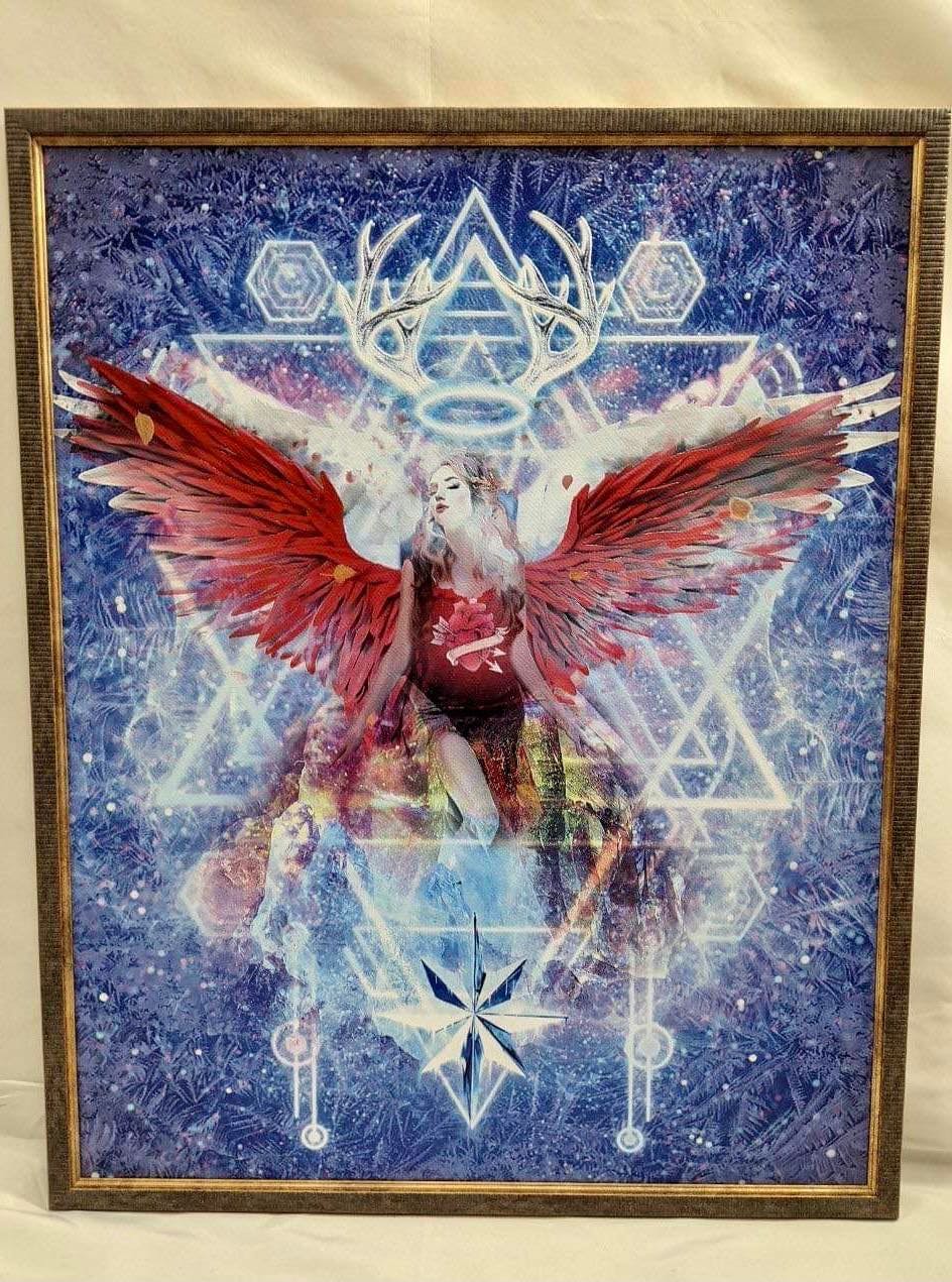 "Was I" Red Winged Angel - Physical piece, printed on metal plate, framed