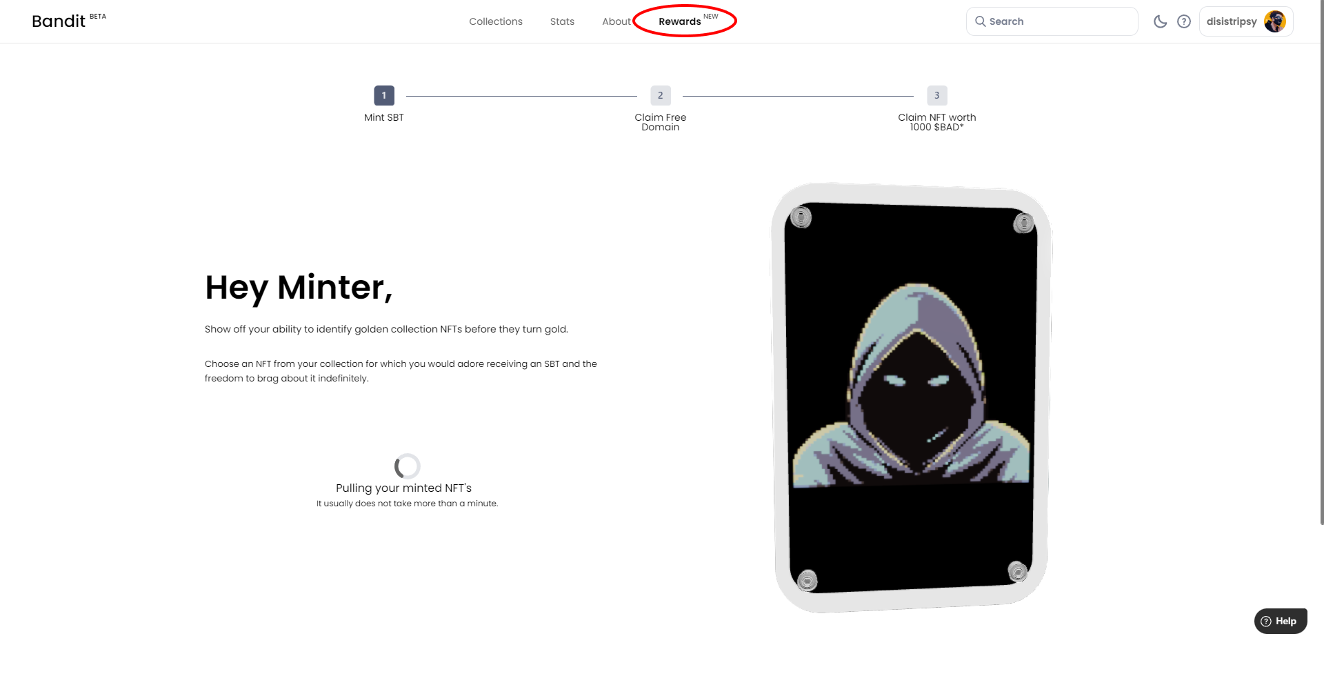 Connect your wallet and click on "Rewards" at the top of the page.