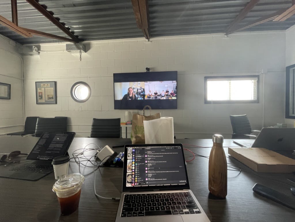 Meatspace x digital space - somehow we managed to NOT take a team photo during our entire time together. Poor form! So here's our most professional work set-up, we took over a conference room and it felt like Jordan was truly *with* us. 🙃