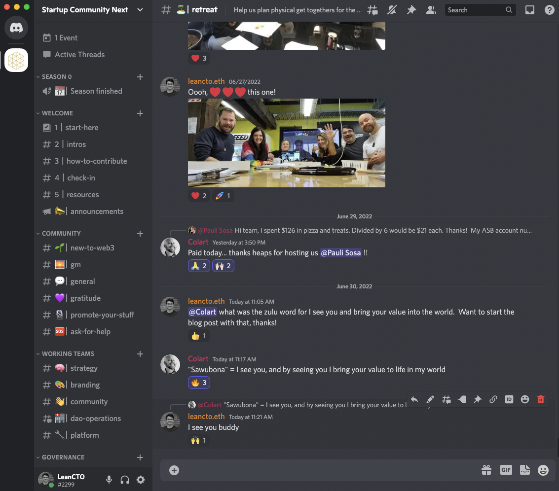 Discord: our async team comms platform and heart of our current community