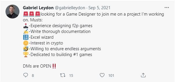 图9 去年九月Gabriel在推特上公开招募优秀的游戏设计师