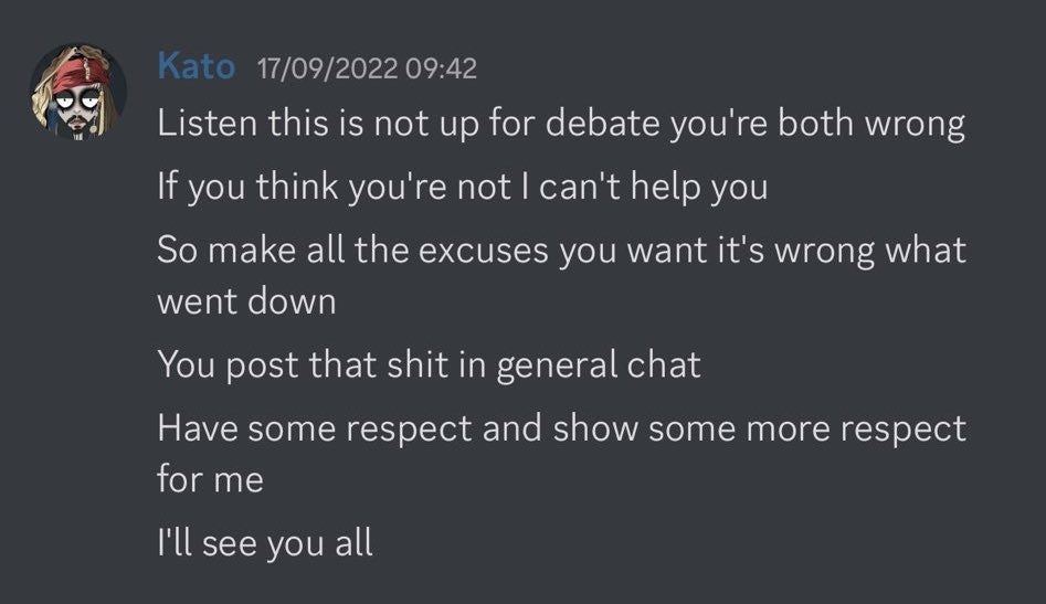 Message from Kato to two artists in a public Discord chat