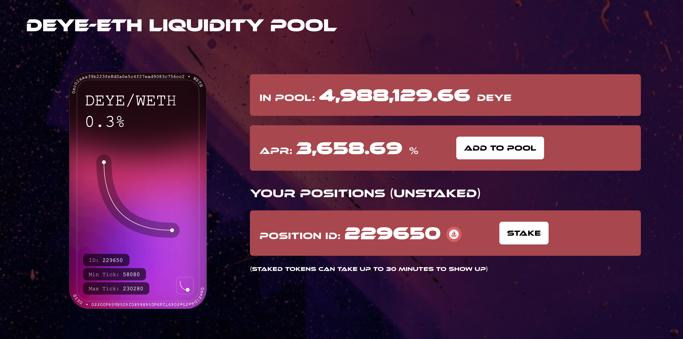 Use "STAKE" to stake your liquidity token