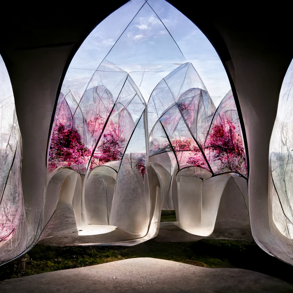 Transparent meditation rooms made of petal-shaped glasses spreading in a natural environment, designed by Zaha Hadid