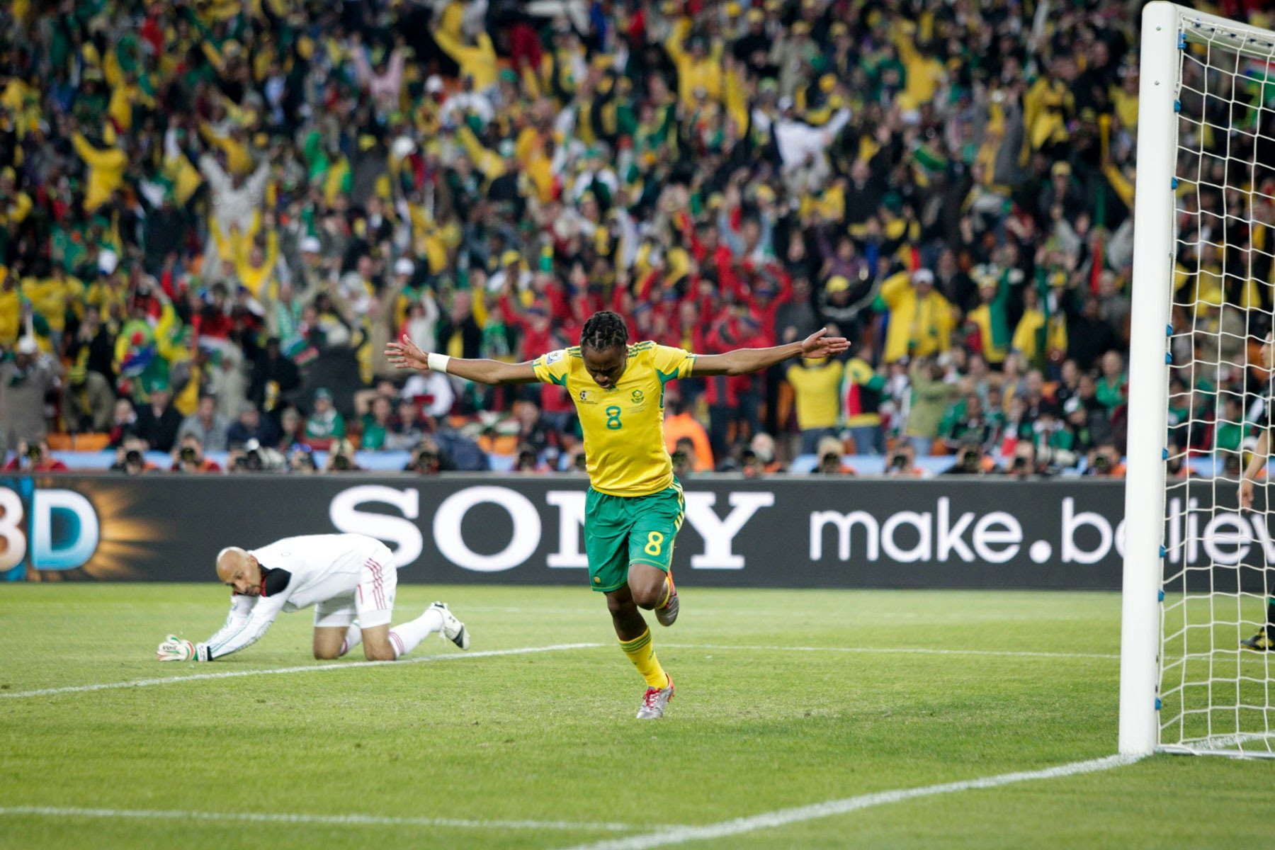 Siphiwe Tshabalala scores the opening goal of the 2010 FIFA World Cup in South Africa for South Africa