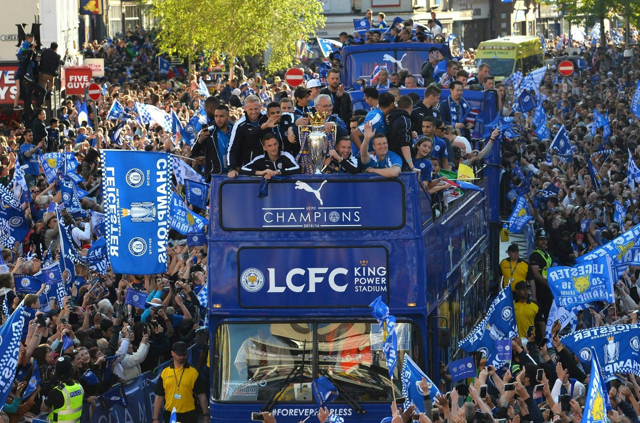 Leicester City parade through the streets to celebrate their historic 2015/16 Premier League win