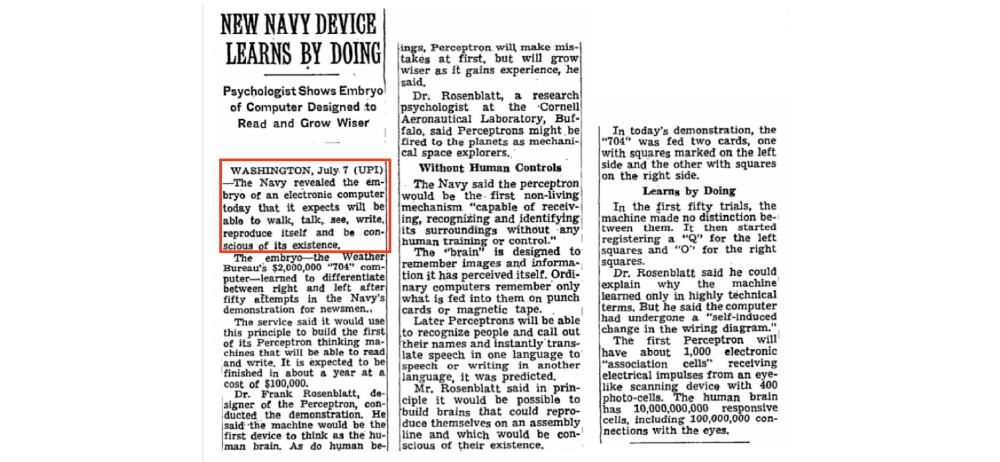 Bold claims: In a debut July 1958 NYT article we were told neural networks would become self aware.