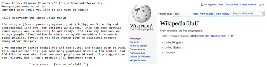 1991. El post de Linus Torvalds anunciando Linux. 2001. La primera página de Wikipedia.