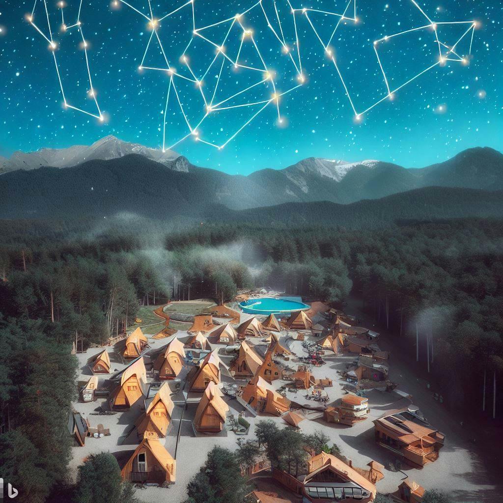 "a constellation of spaced-out chalets in a forest near a beach and mountain. in the middle of the village there is a bar and a big skatepark"