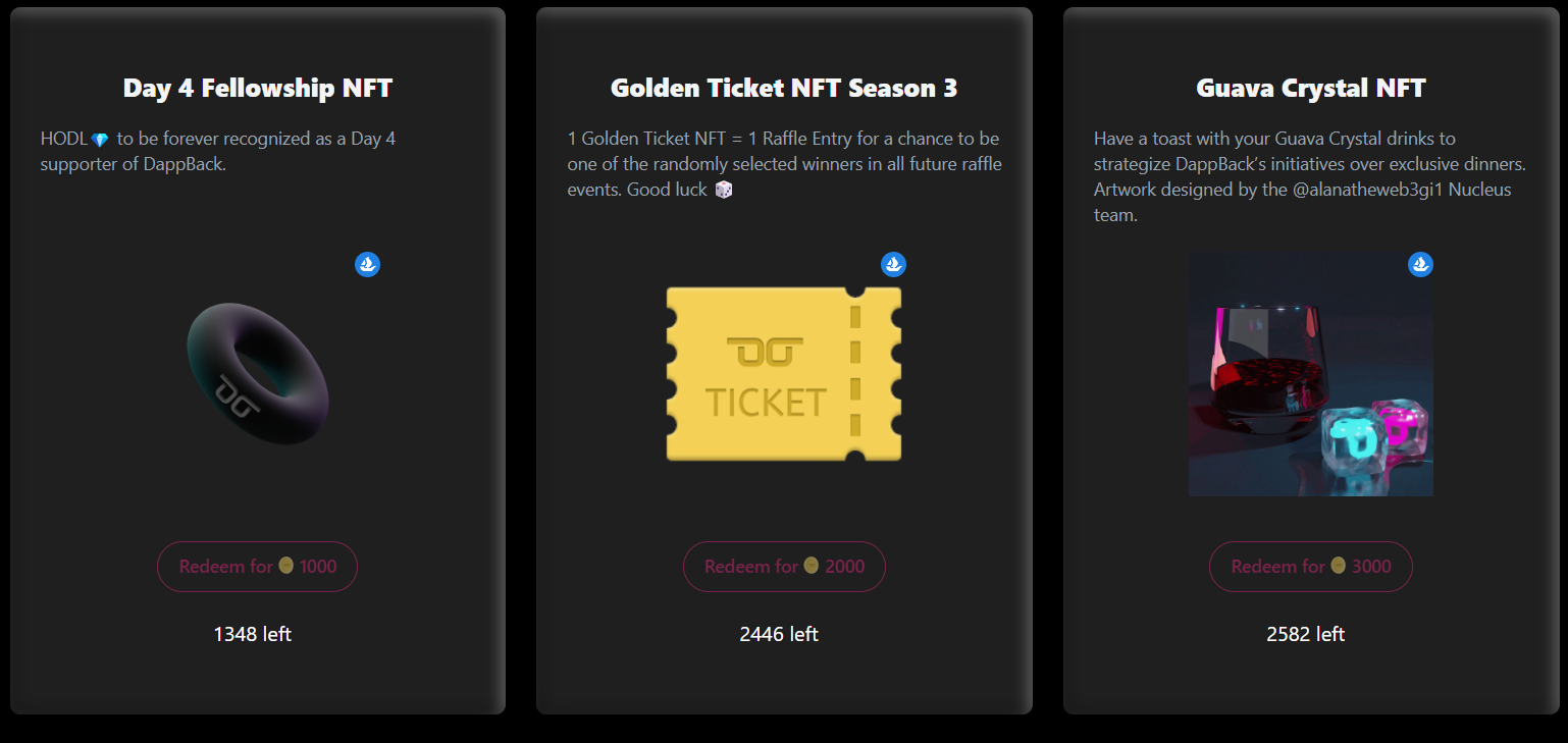 Prêmios disponíveis para os usuários da DappBack. O Golden Ticket funciona como um passe para participar de sorteios exclusivos da comunidade.