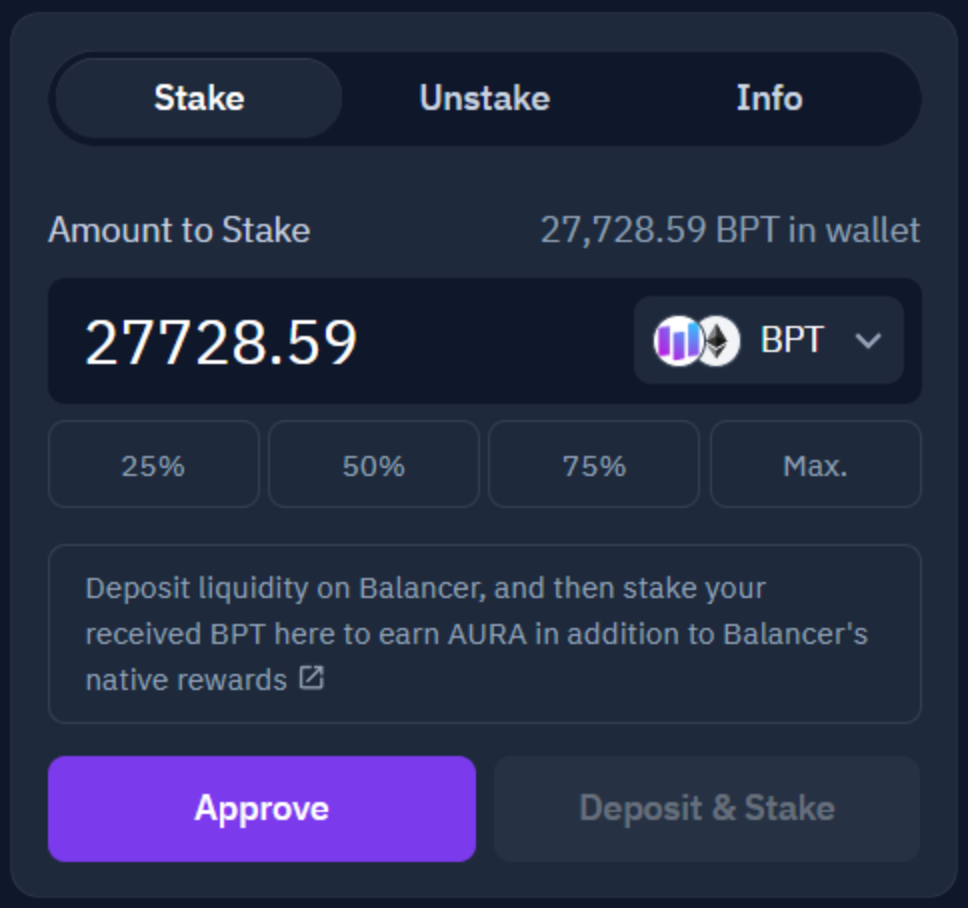After connecting your wallet, press “approve” (this transaction will cost gas).Once approved, Click “deposit and stake”.