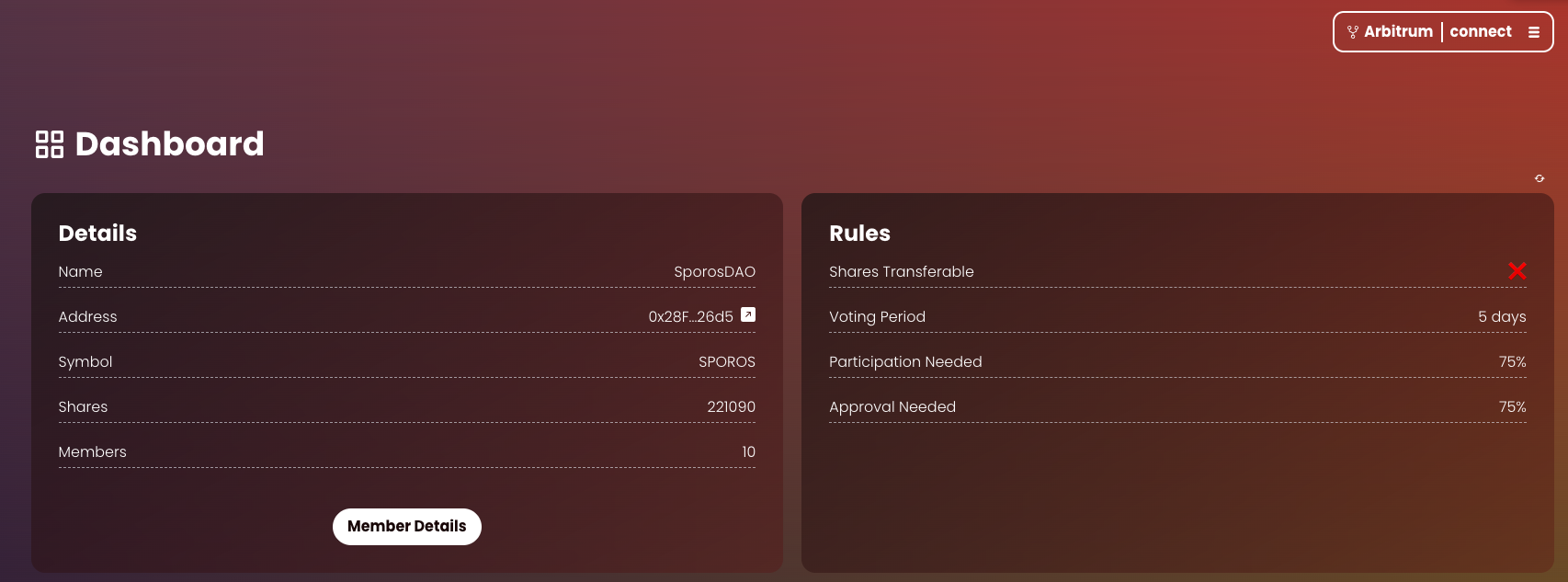 Current SporosDAO dashboard with voting rules