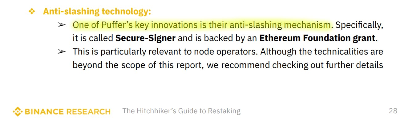 Binance Research´s mention of Puffer´s anti-slashing tech in their Restaking post.