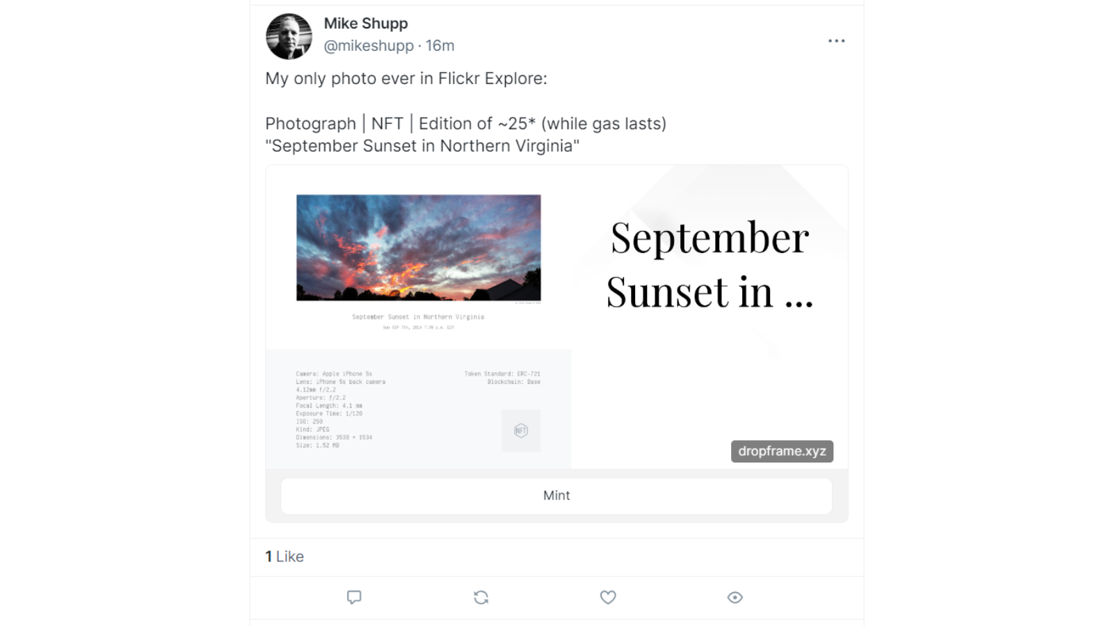 Screenshot: Mint "September Sunset in Northern Virginia" NFT from within Farcaster Frame cast