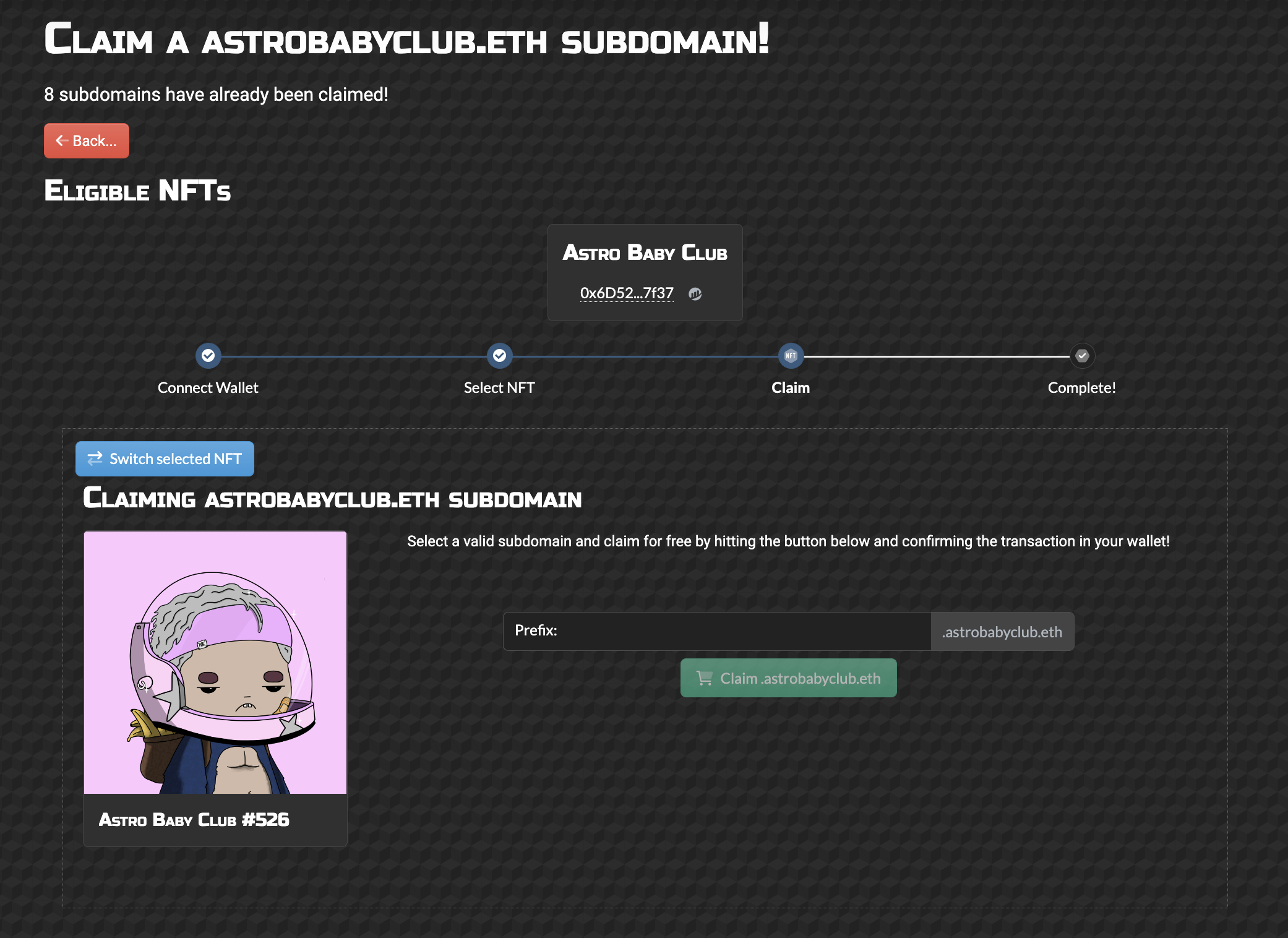 Enter the ENS prefix you'd like. It will appear as YourNameHere.astrobabyclub.eth