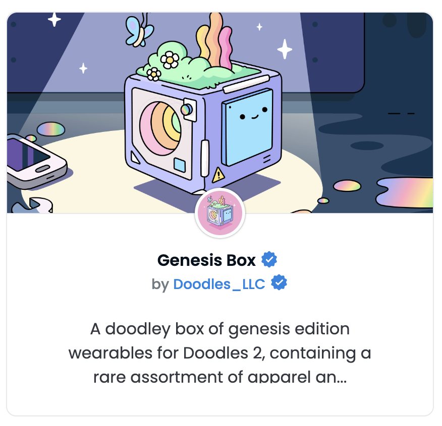 Verified blue check-mark of the Genesis Box collection on OpenSea.