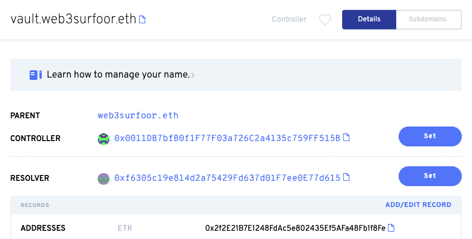 Set the wallet address in the ETH "Addresses" record in your ENS subdomain settings