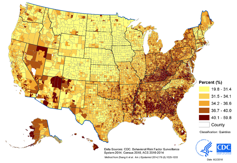 Prevalence of Short Sleep Duration (<7 hours) for Adults Aged ≥ 18 Years, by Census Tract, United States, 2014