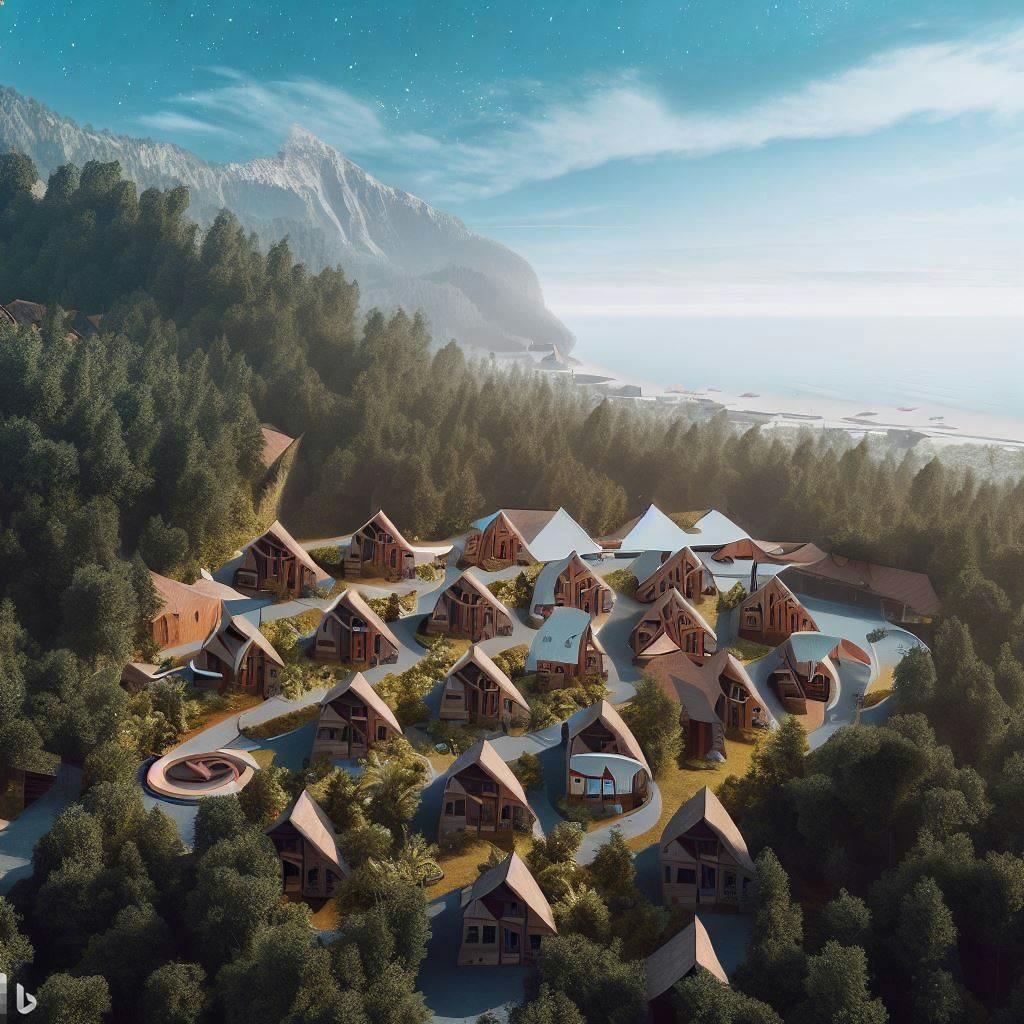 "a constellation of chalets in a forest near a beach and mountain, for a thriving community with a skatepark in the middle"