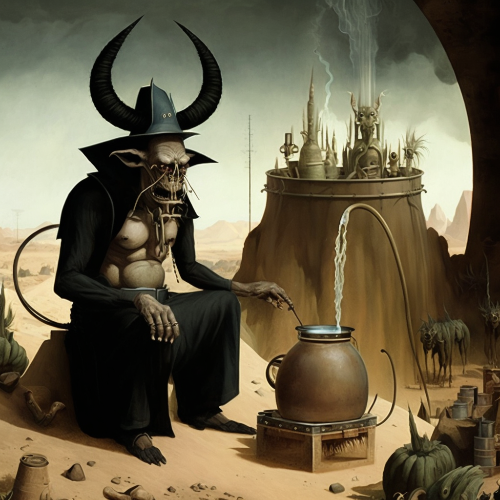 Moloch as a 1920s Appalachian bootlegger making moonshine in an alchemical still in the style of Hieronymus Bosch 👹