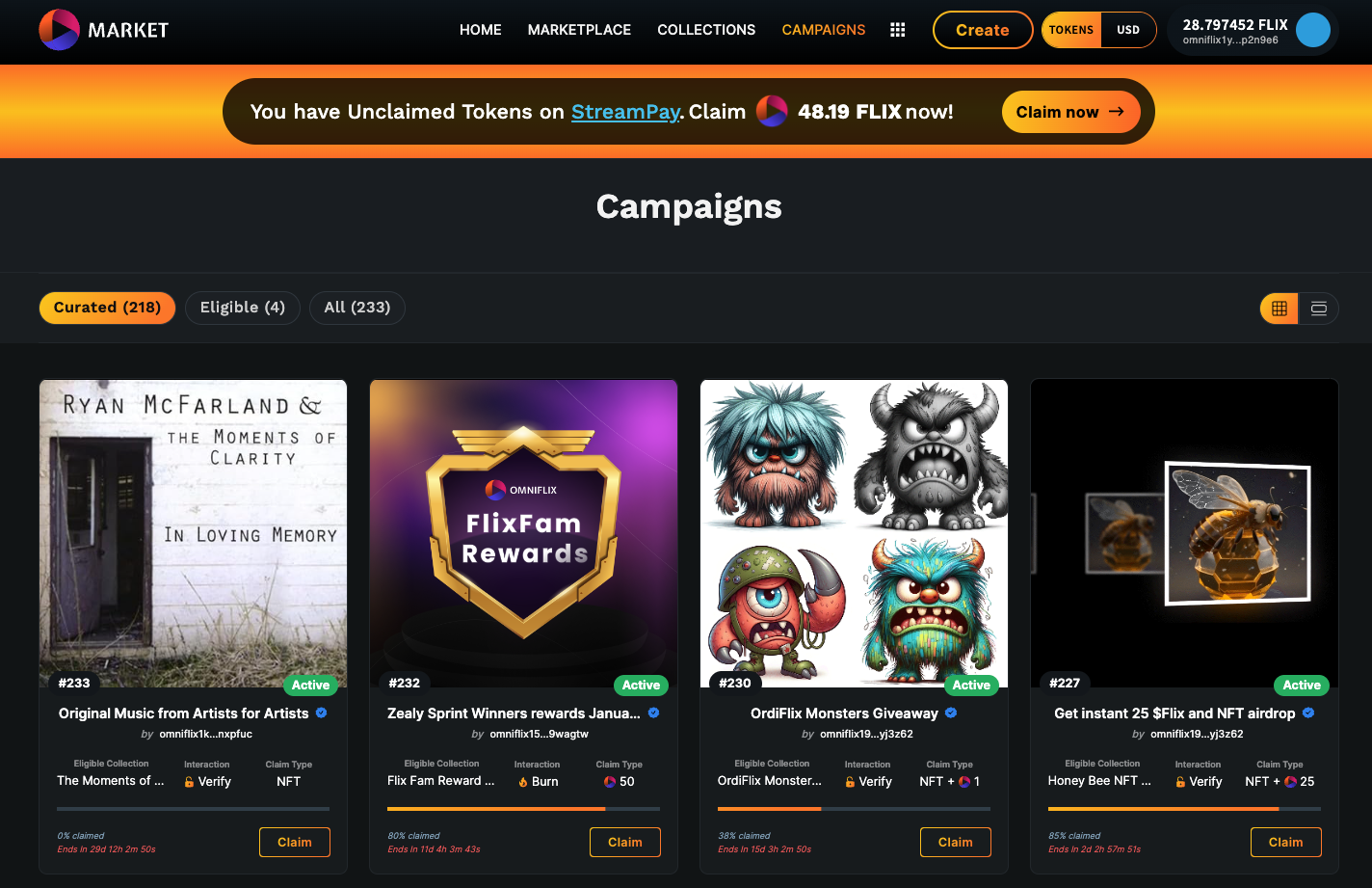 Unclaimed Tokens StreamPay banner on OmniFlix.Market/Campaigns