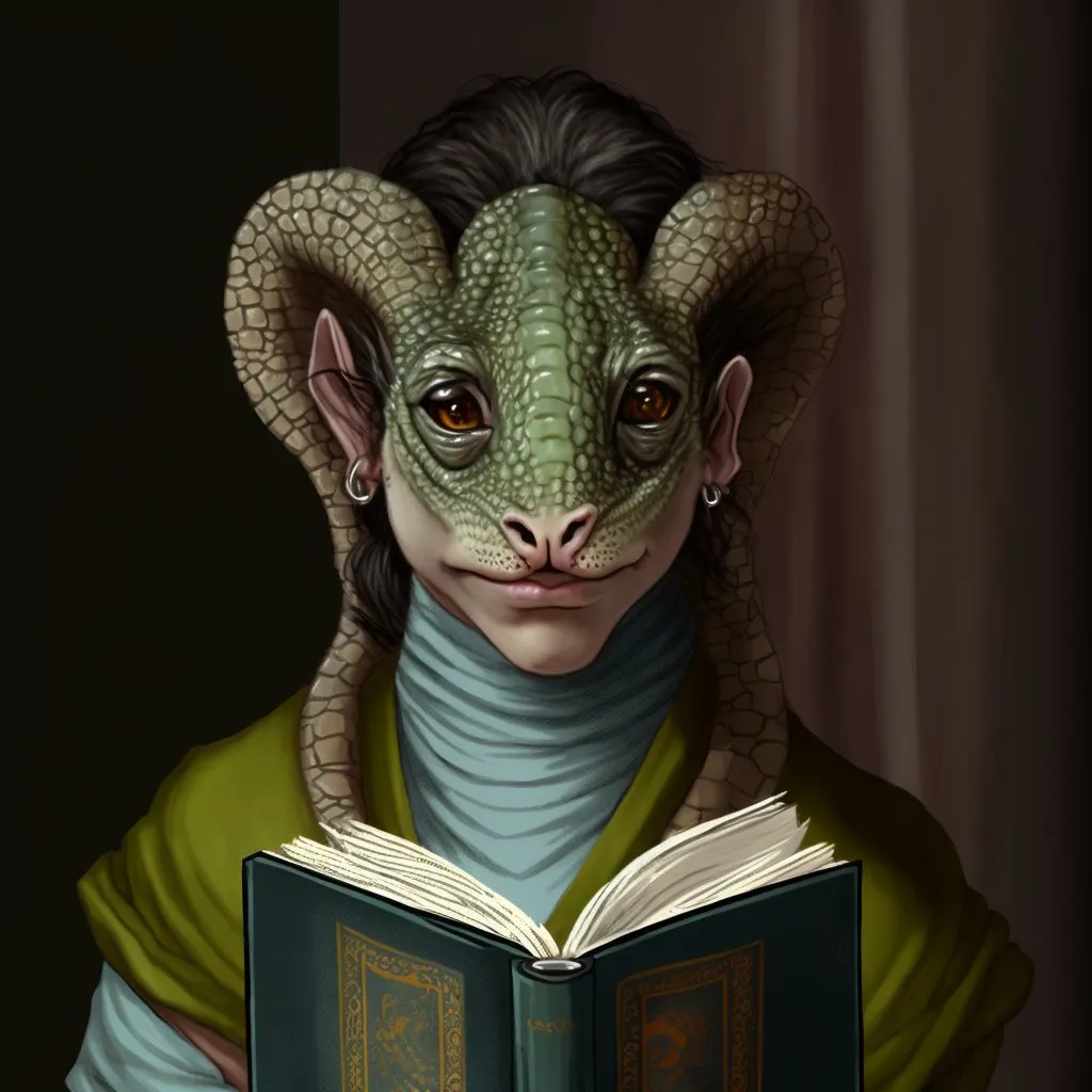 Alt tag: Lucky is a lizard-woman with a book, but with AI-generated style