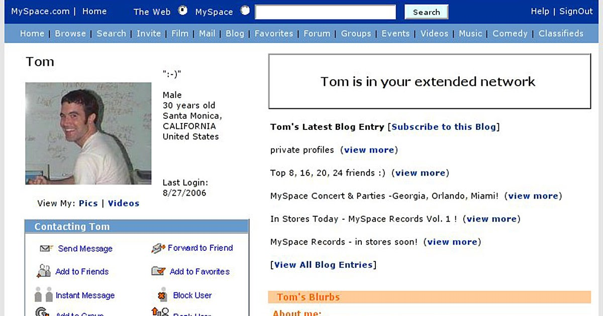 早期Web 2.0公司MySpace创始人Tom Anderson的MySpace主页。所有注册了Myspace账号的用户第一个自动添加的好友就是Tom。