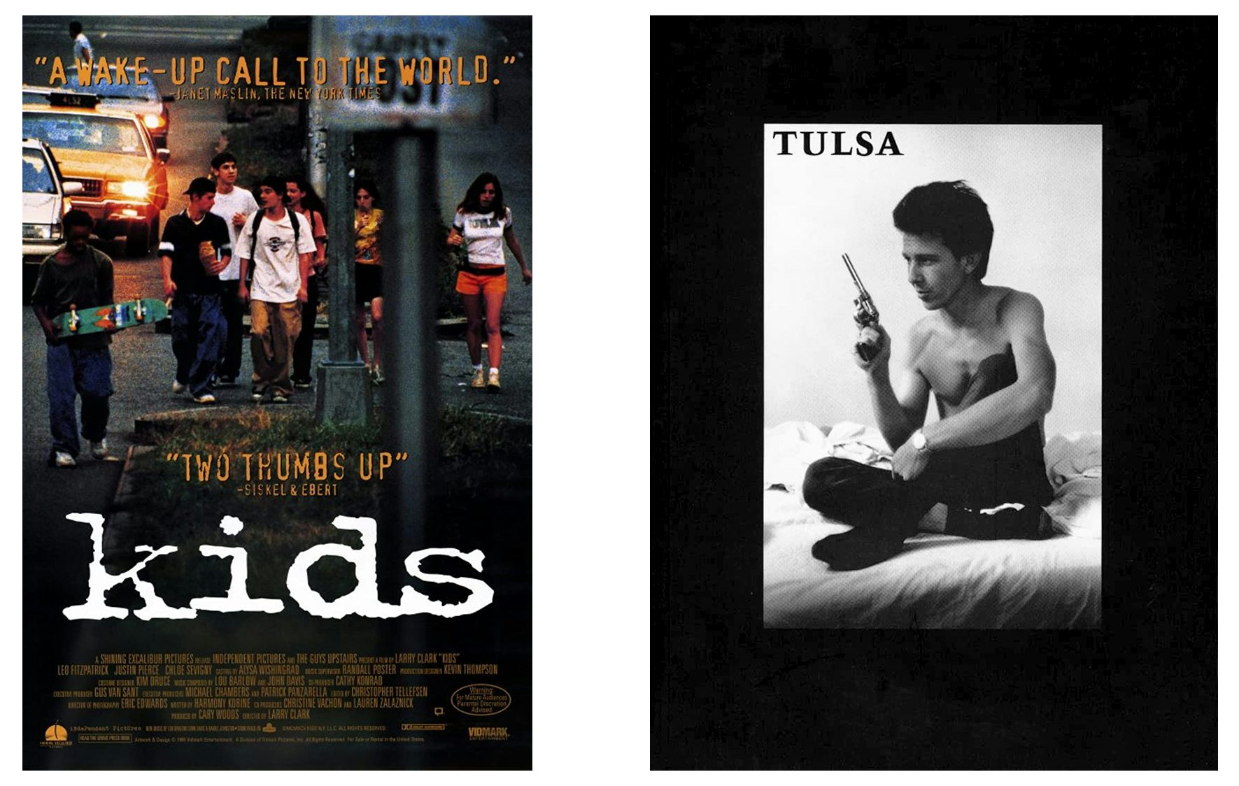 Left: Movie Poster, Kids, 1995, directed by Larry Clark. Right: Tulsa, book by Larry Clark, 1971.