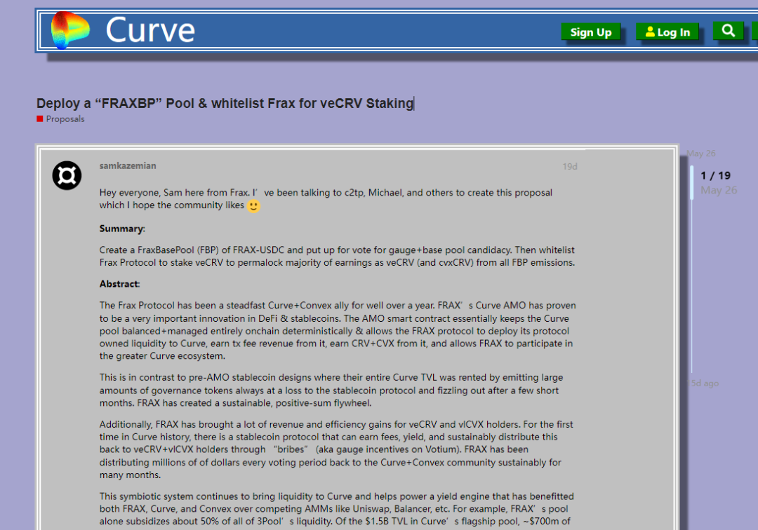 FRAX创始人SAM在Curve治理论坛关于构建FRAX Basepool的提案，来源：https://gov.curve.fi/t/deploy-a-fraxbp-pool-whitelist-frax-for-vecrv-staking/3958