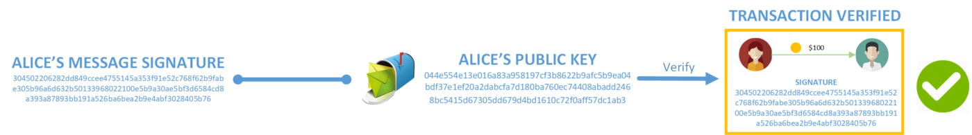 Everyone in the P2P network first verifies her transaction signature, to see if Alice is the one who really signed that message. They do so using Alice’s public key which everyone knows.